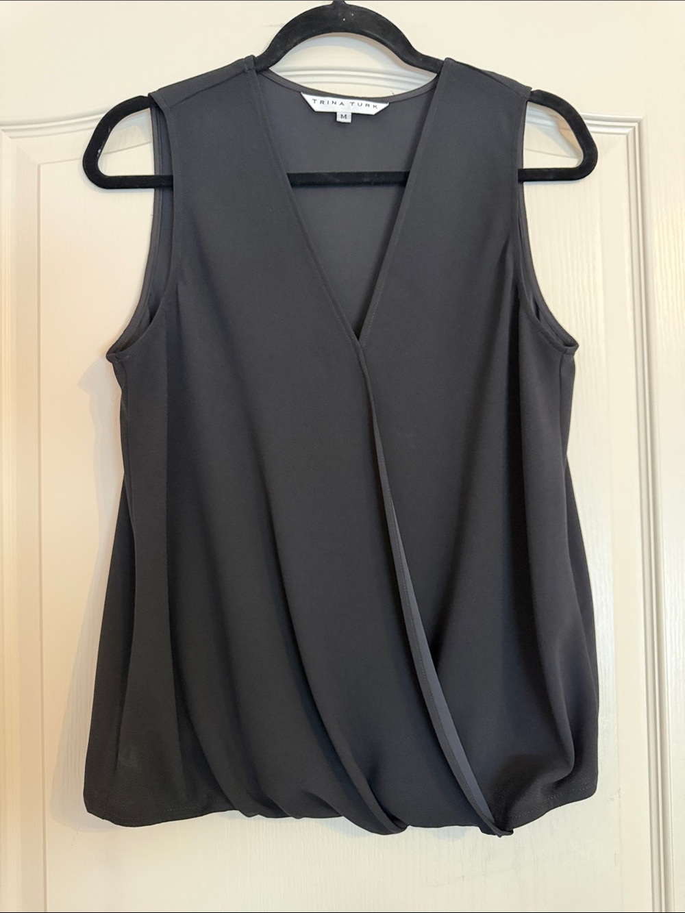Trina Turk Black Sleeveless Draped Surplice Blouse